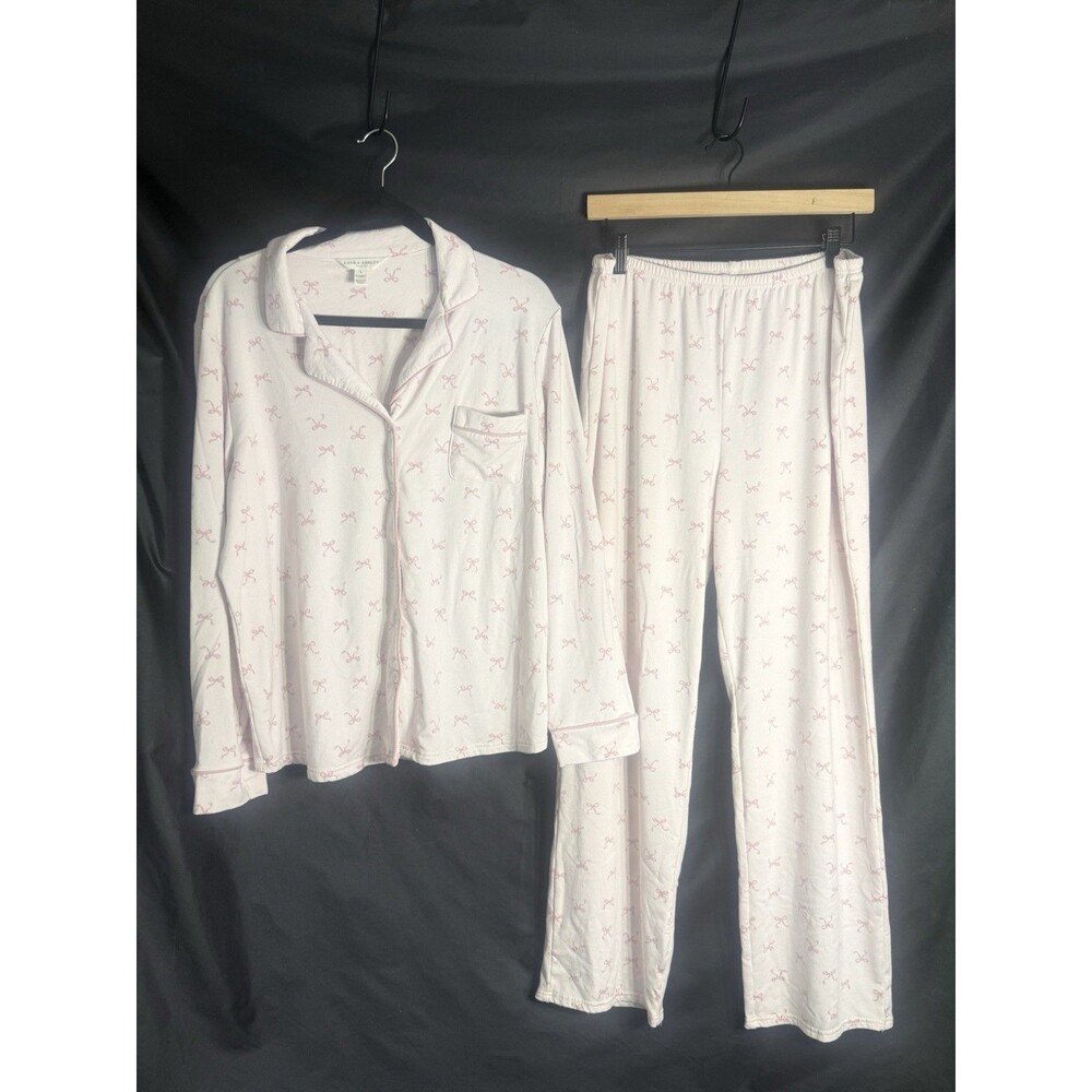 Women’s Laura Ashley Breast Cancer Baby Pink/Drk Pink Bows 2 Pc Pajamas Sz L